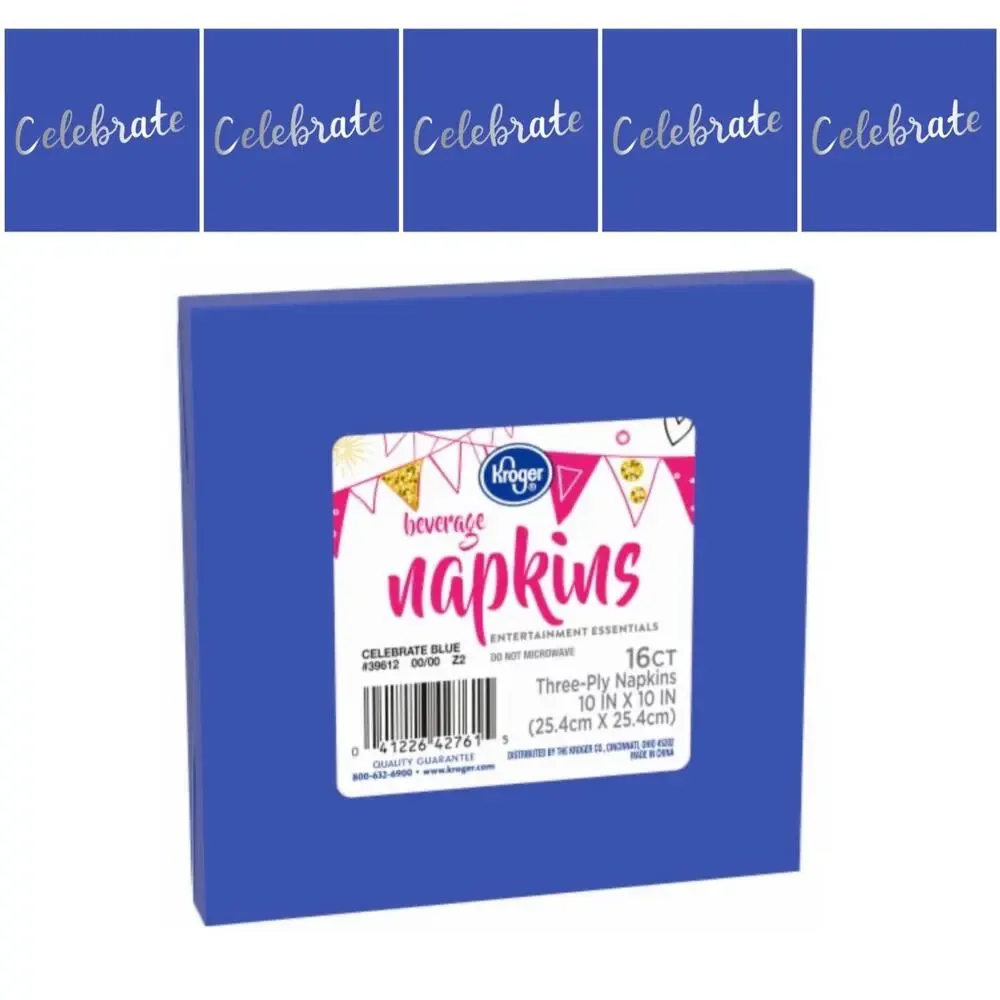 12 Packs Kroger Blue Three-Ply Napkin 10”x10” 16ct total 192ct “Celebrate” print